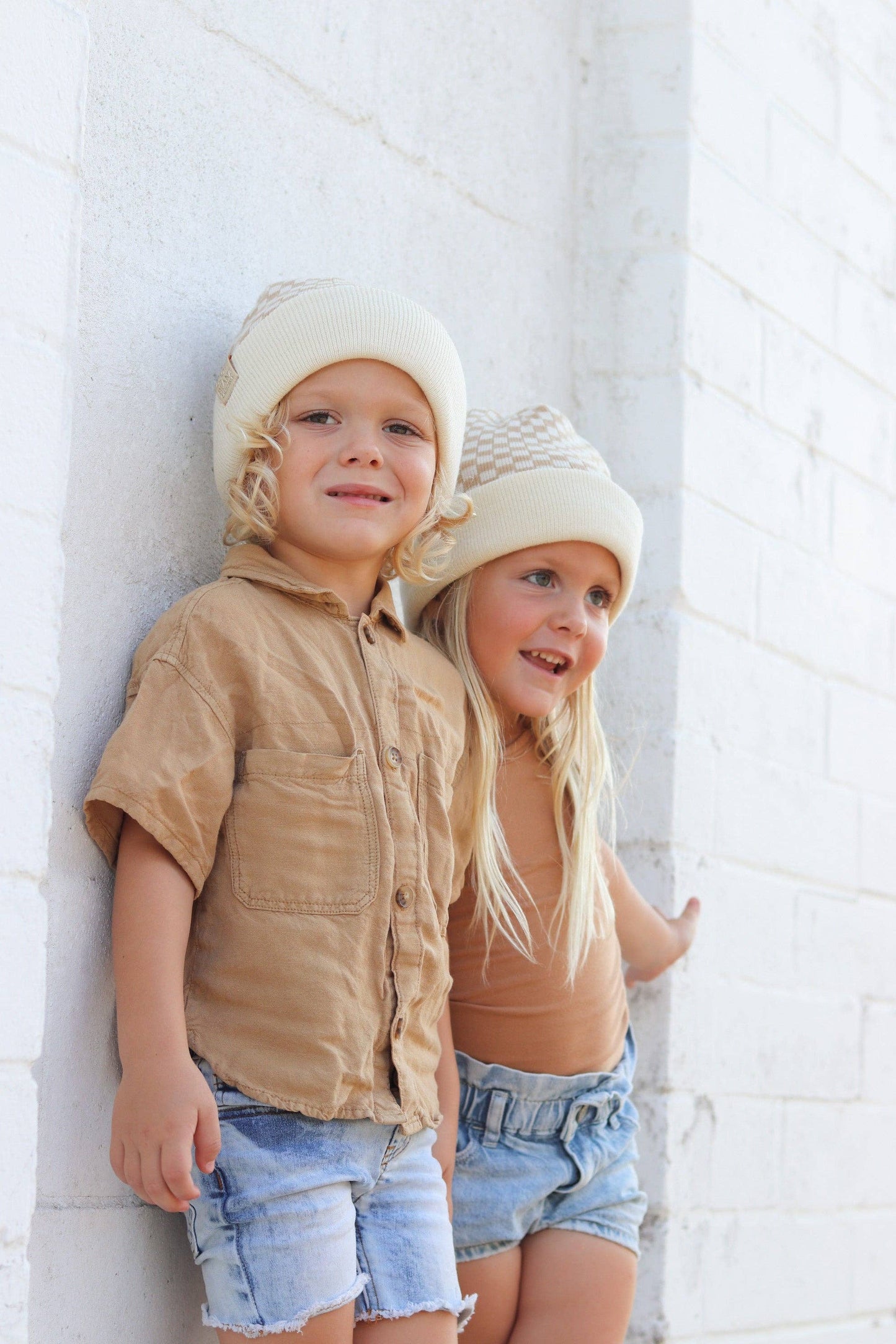 Check Yourself Checkered Reversible Beanie Beige