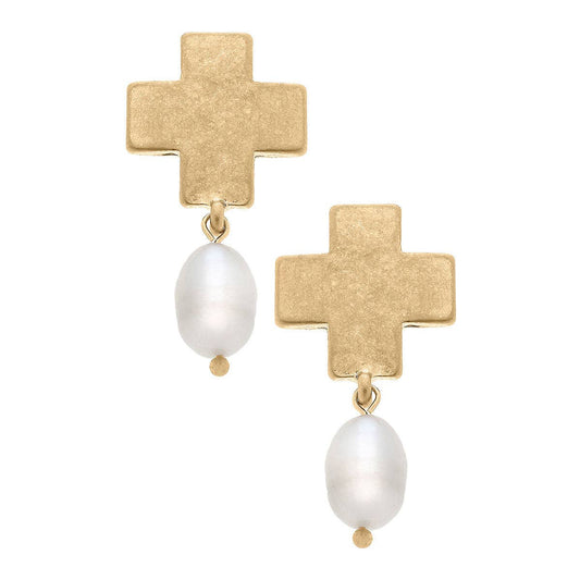 Edith Square Cross Pearl Drop Earrings | Worn Gold