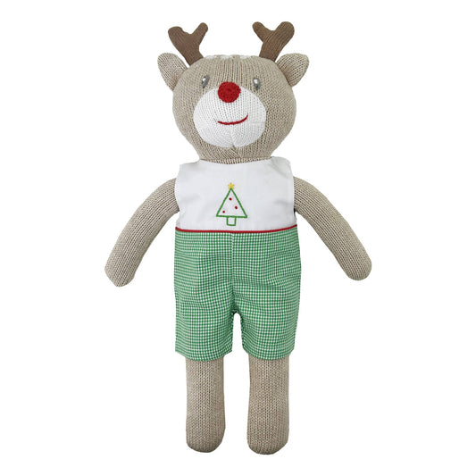 Knit Reindeer Doll with Embroidered Green Check Romper | 14"