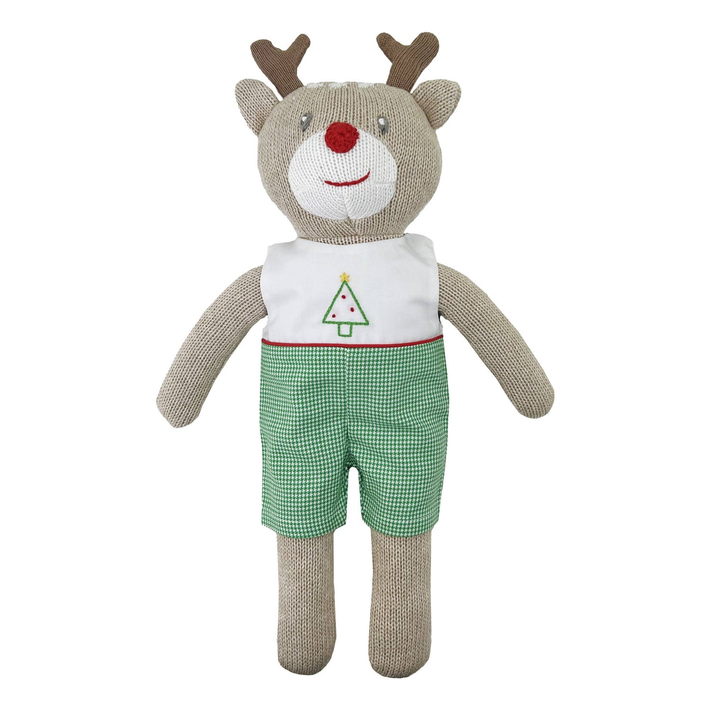 Knit Reindeer Doll with Embroidered Green Check Romper | 14"