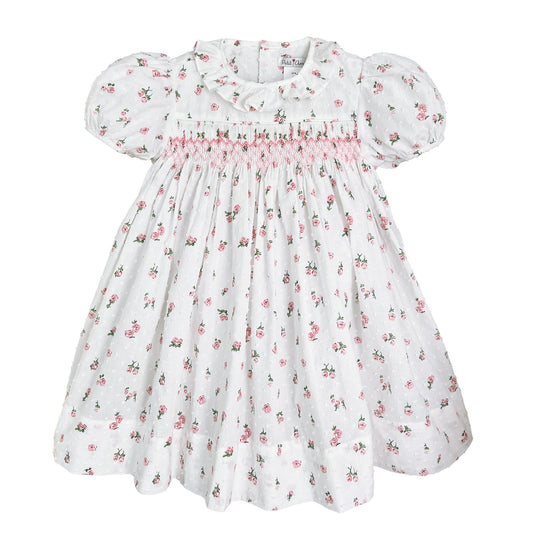 Floral Print Swiss Dot Dress with Hand Smocking