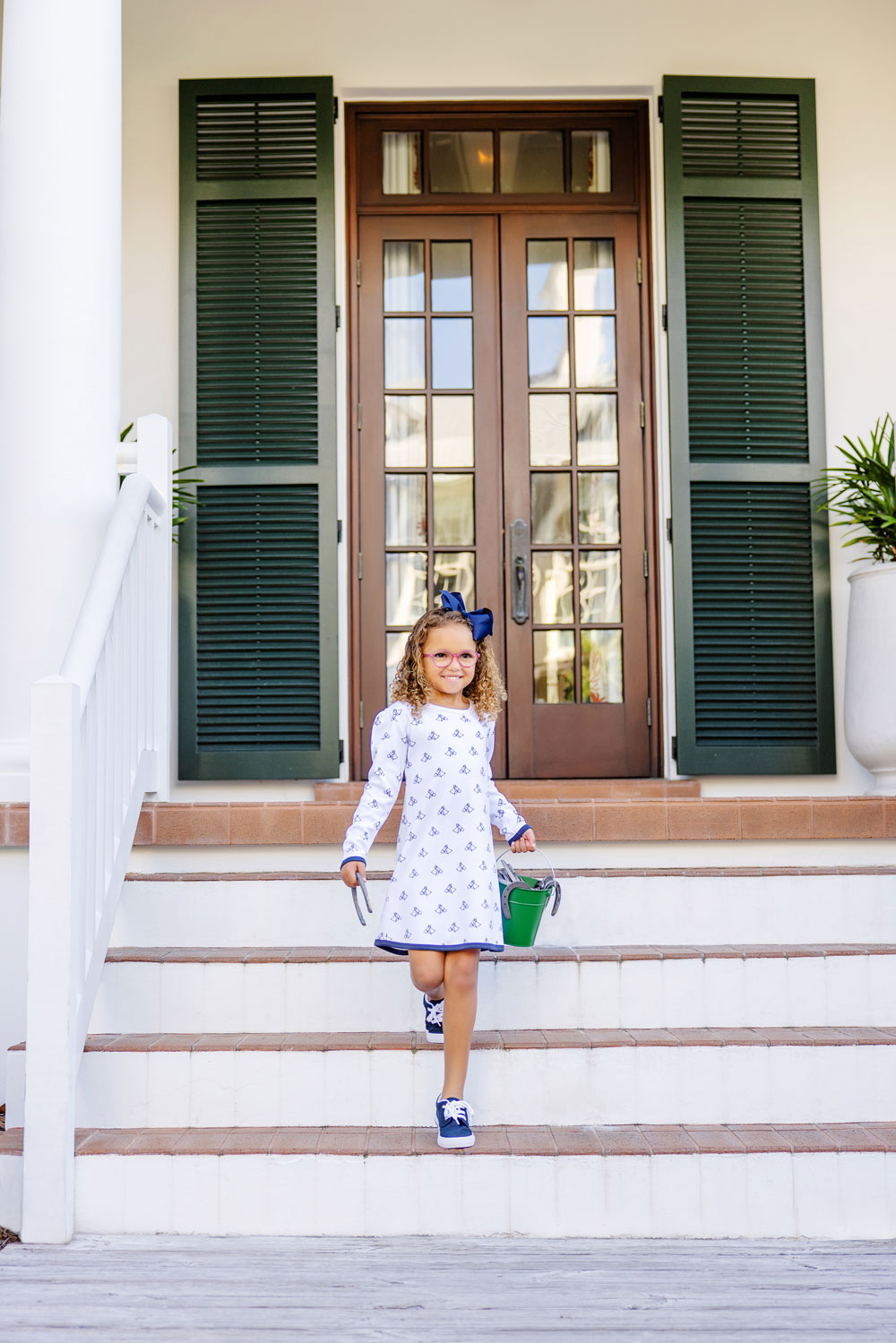 Eleanor's Elbow Patch Dress - Pony Portrait With Gallatin Green Elbow Patches & Nantucket Navy Trim