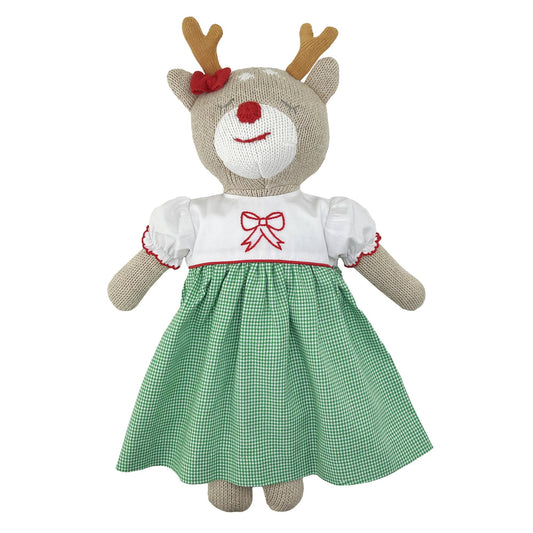 Knit Reindeer Doll with Embroidered Green Check Dress | 14"