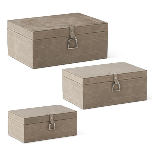 Set of 3 Beige Leather Suede Lined Nesting Boxes w/Stirrup Latch