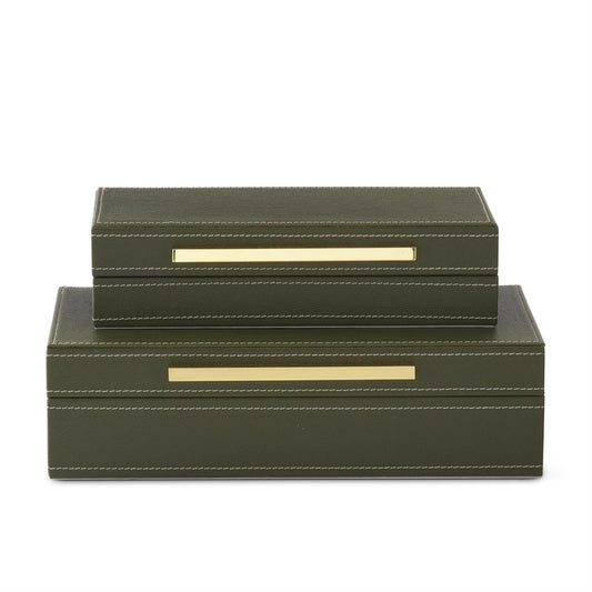 Green Vegan Leather Hinged Boxes | Set of 2