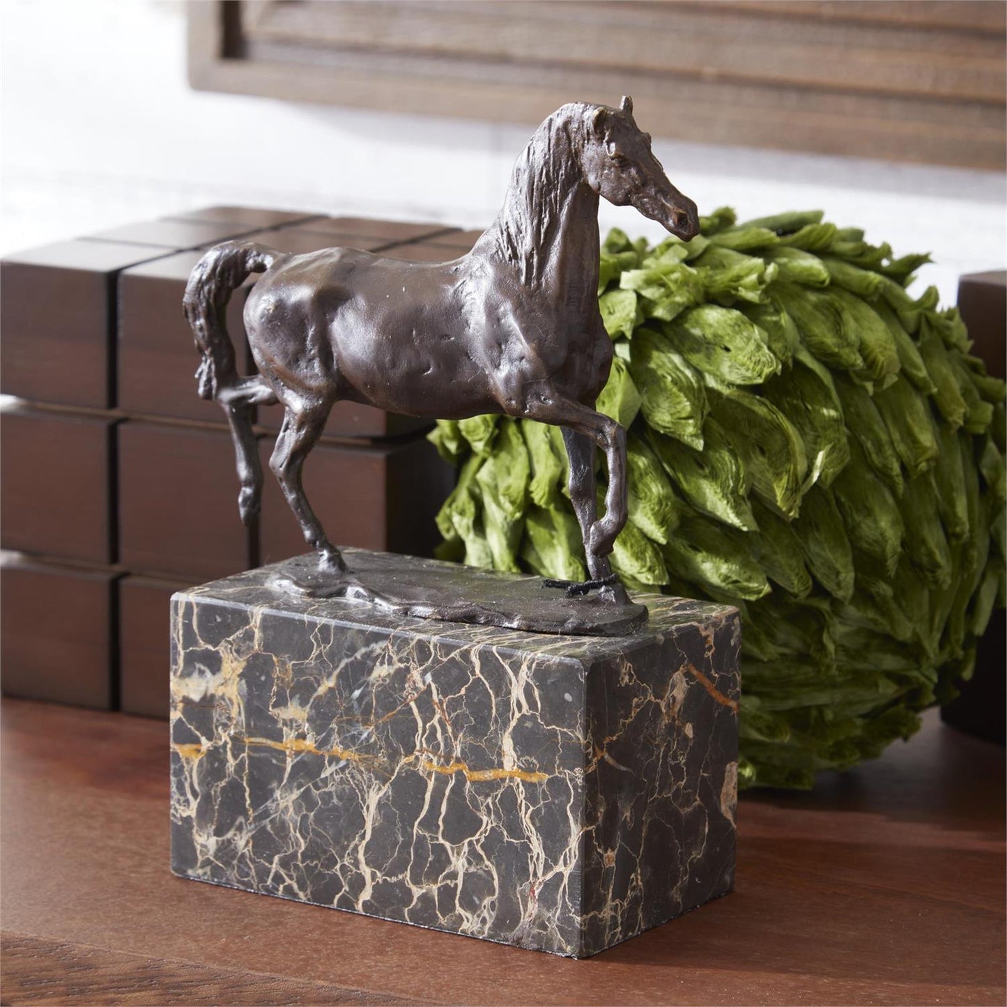 Bronze Horse Statue on Marble Block Stand