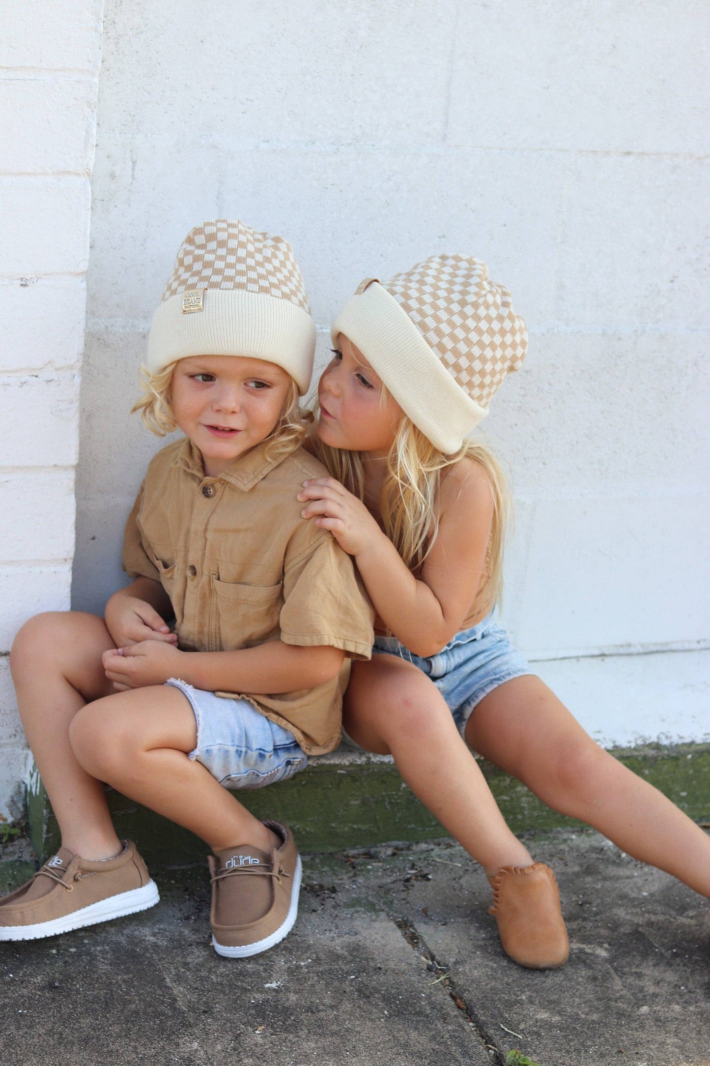 Check Yourself Checkered Reversible Beanie Beige