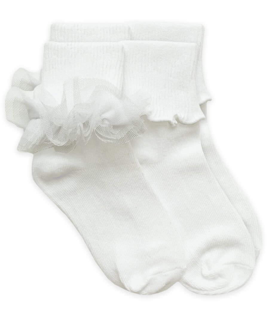 Ruffle Lace & Ripple Edge Turn Cuff Socks 2 Pair Pack | White 2155