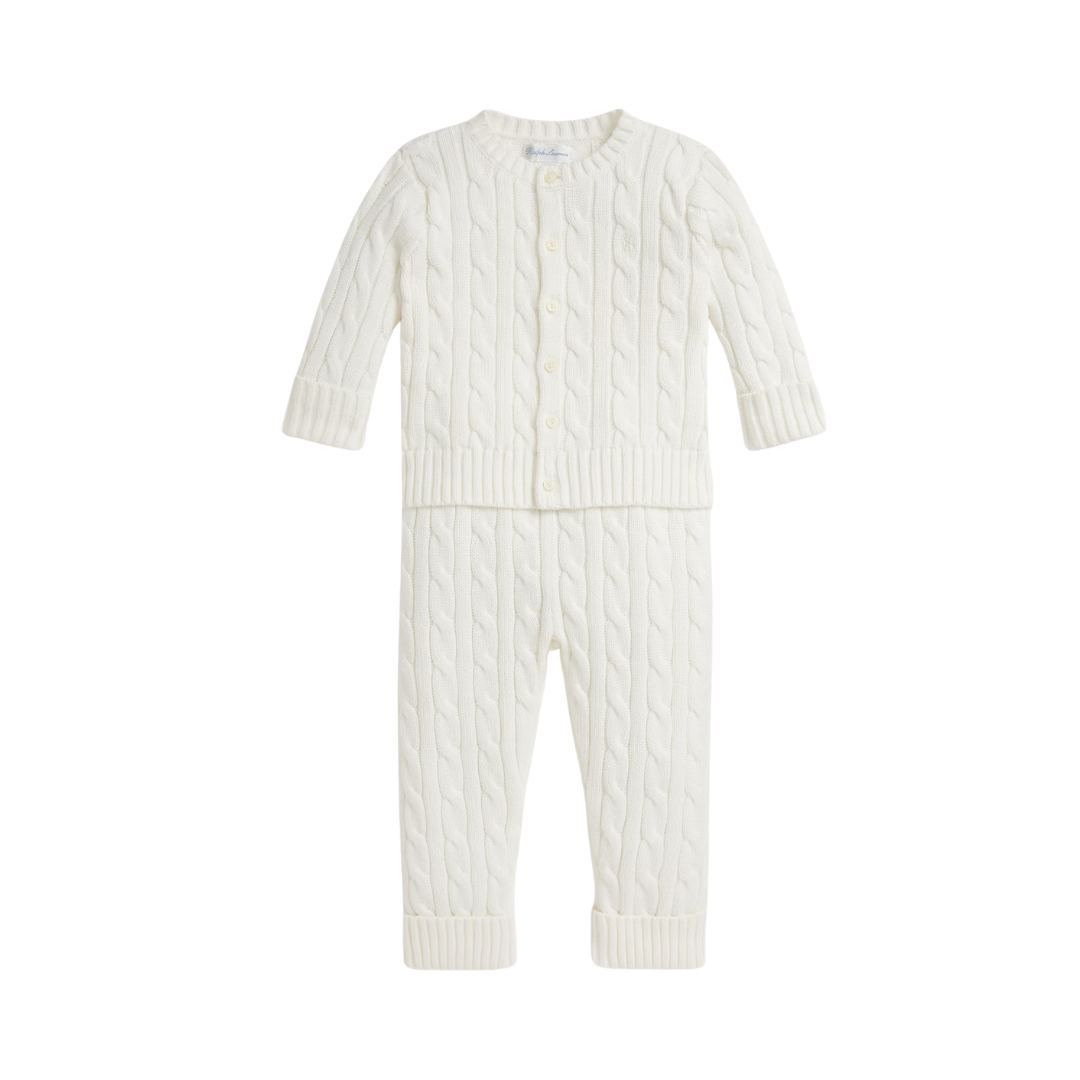 Cable-Knit Cotton Cardigan & Pant Set | Trophy Cream