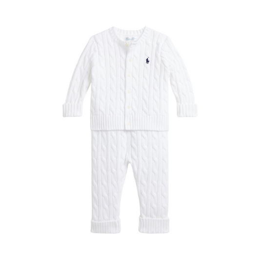 Cable-Knit Cotton Cardigan & Pant Set | White