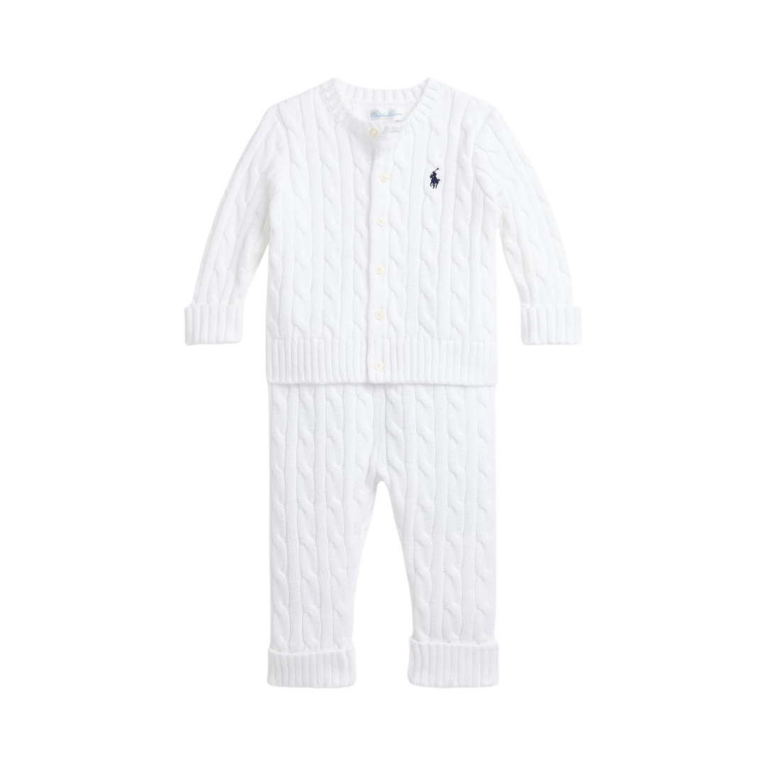 Cable-Knit Cotton Cardigan & Pant Set | White
