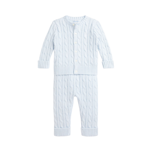 Cable-Knit Cotton Cardigan & Pant Set | Blue