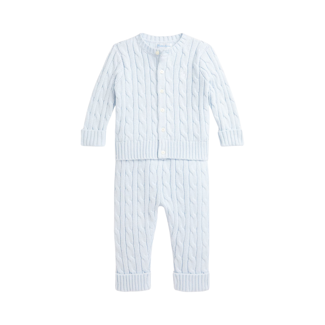 Cable-Knit Cotton Cardigan & Pant Set | Blue