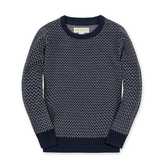 Crew Neck Pullover Sweater | Navy Herringbone