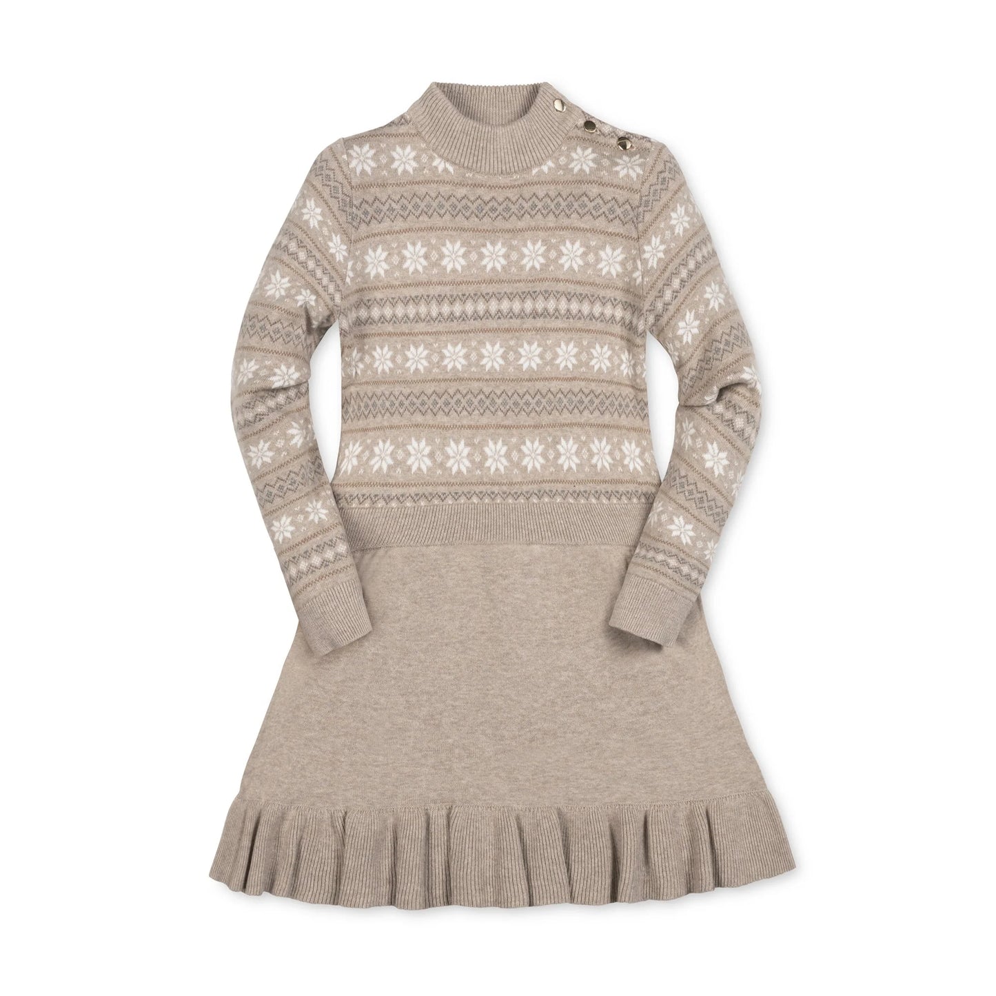 Organic Mock Neck Flounce Sweater Dress | Light Taupe Heather Fair Isle