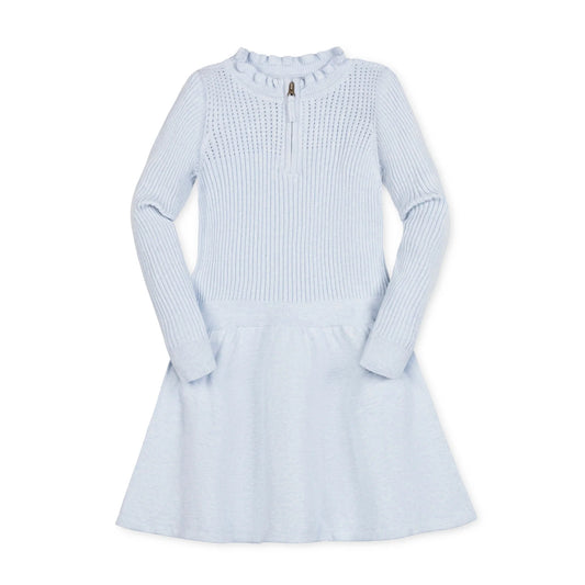Organic Half Zip Ruffle Neck Sweater Dress | Lt Blue Heather