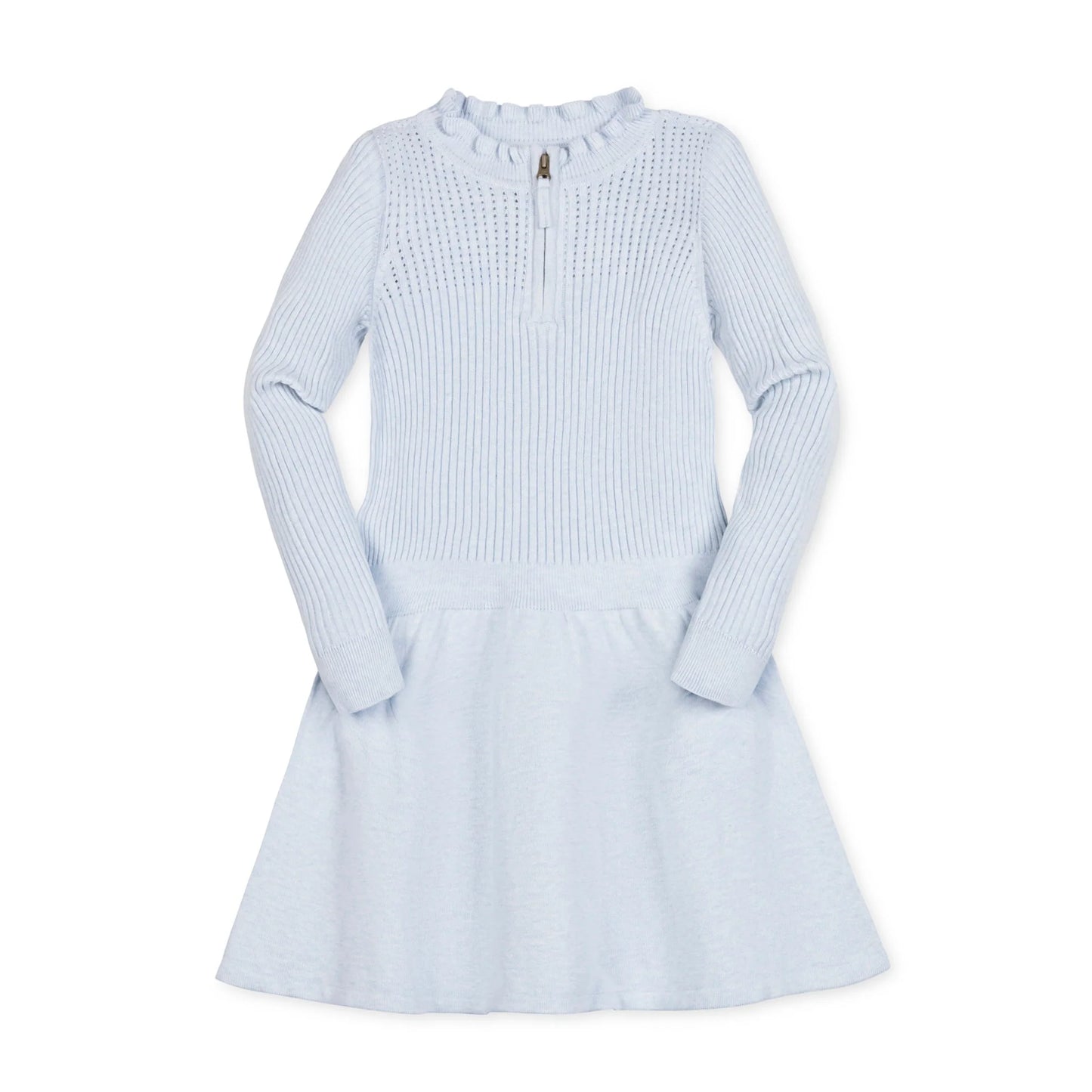 Organic Half Zip Ruffle Neck Sweater Dress | Lt Blue Heather