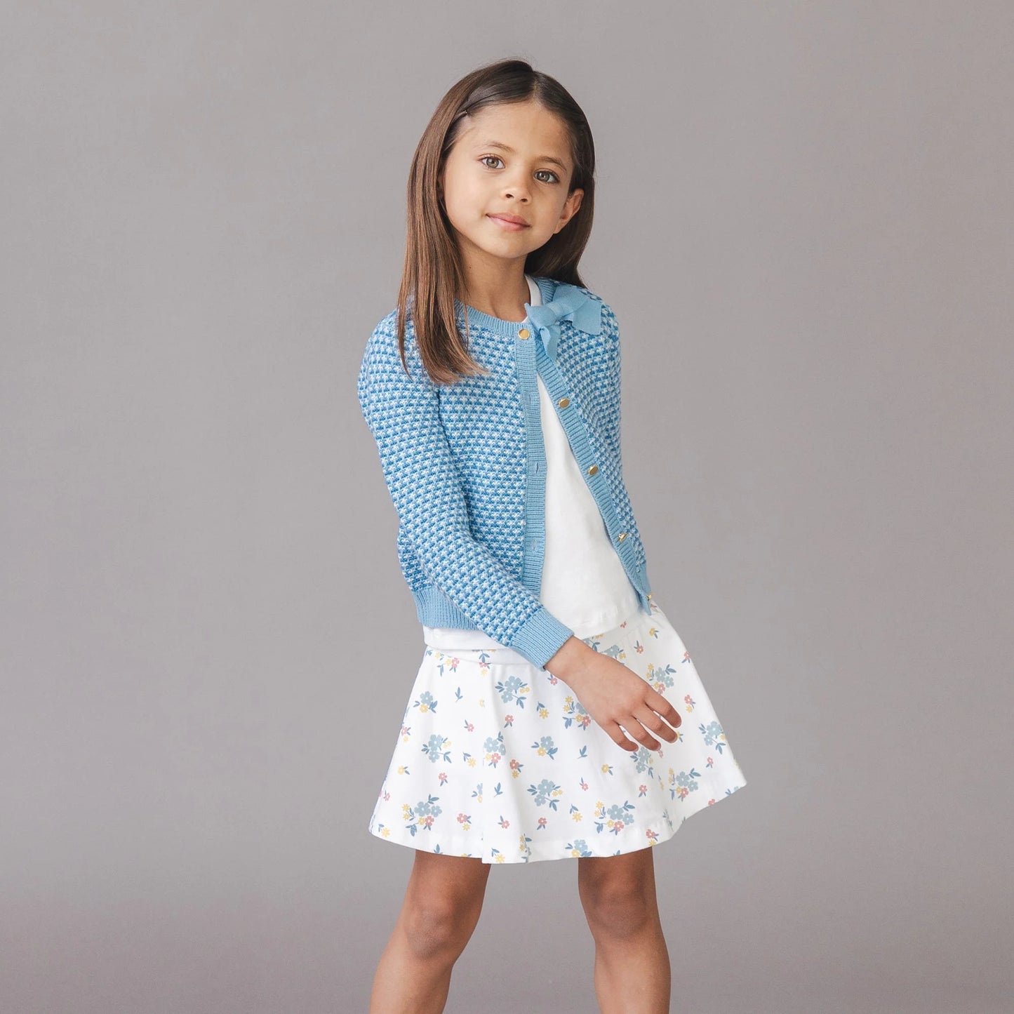 Organic Tweed Stitch Bow Cardigan | Bluebell