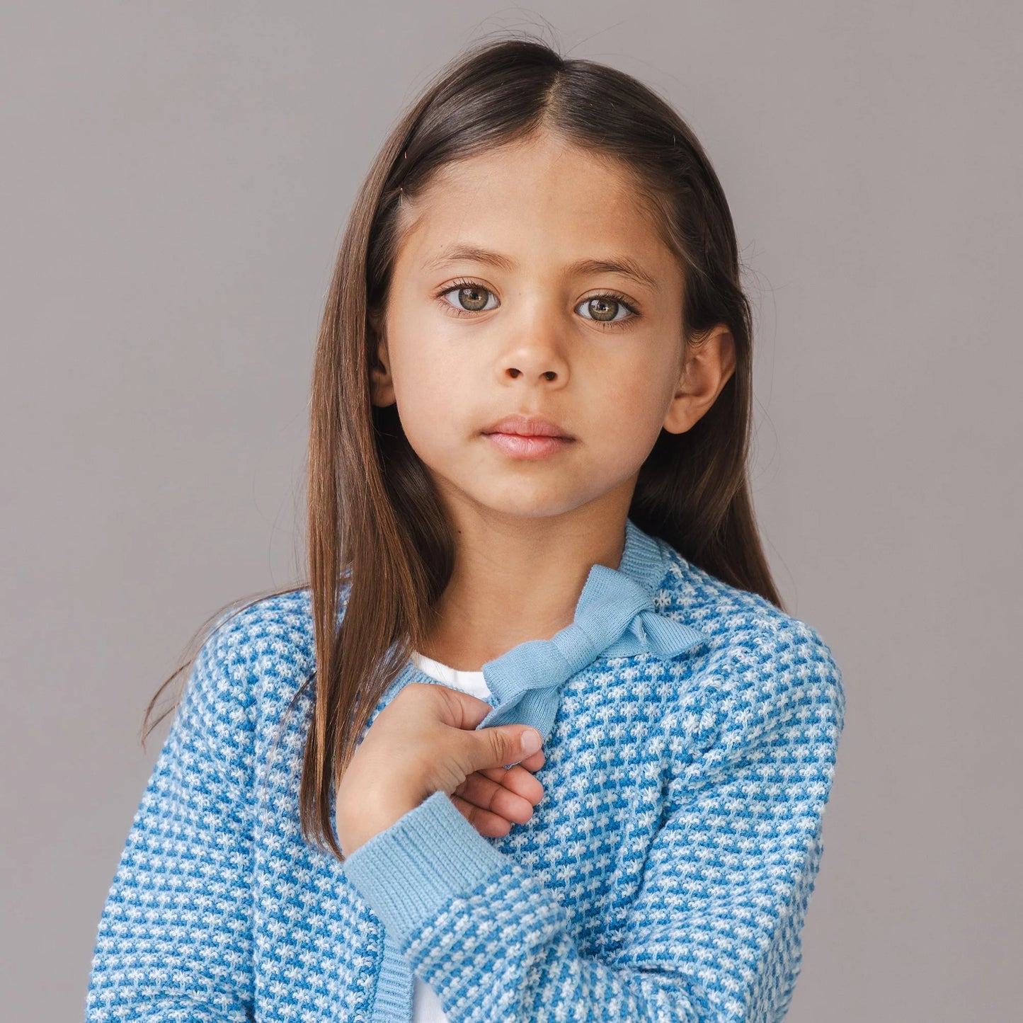 Organic Tweed Stitch Bow Cardigan | Bluebell