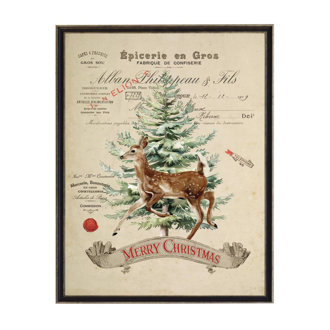 Vintage Painting of Deer and Tree on a Distressed Bookplate | Black And Silver Narrow Shadowbox | 12" X 16"