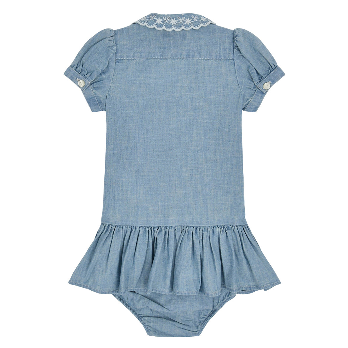 Ralph Lauren Short-Sleeve Chambray Collared Peplum Dress w/Ruffle Hem