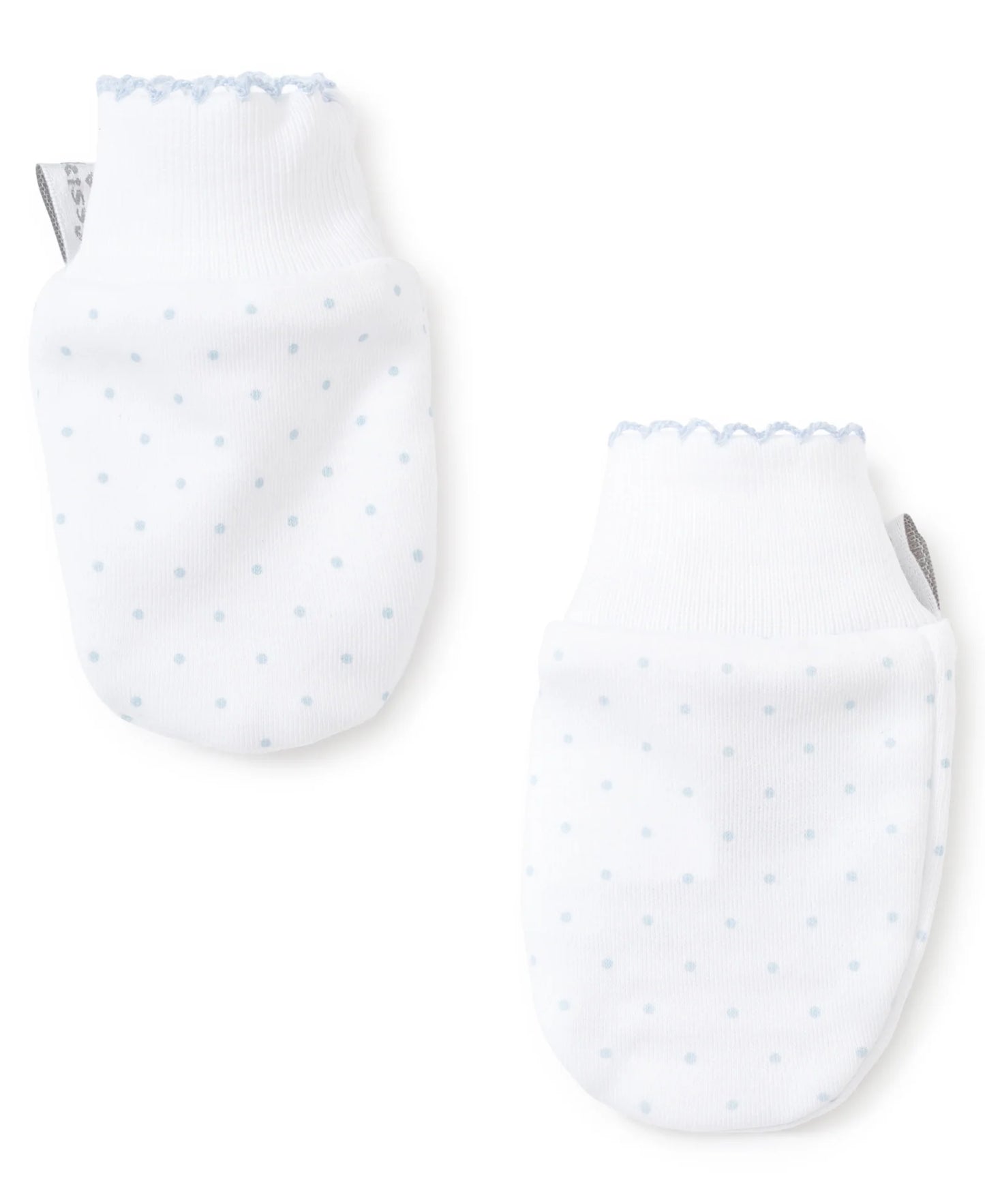 New Kissy Dots Print  Newborn Mittens | White/Blue Dot