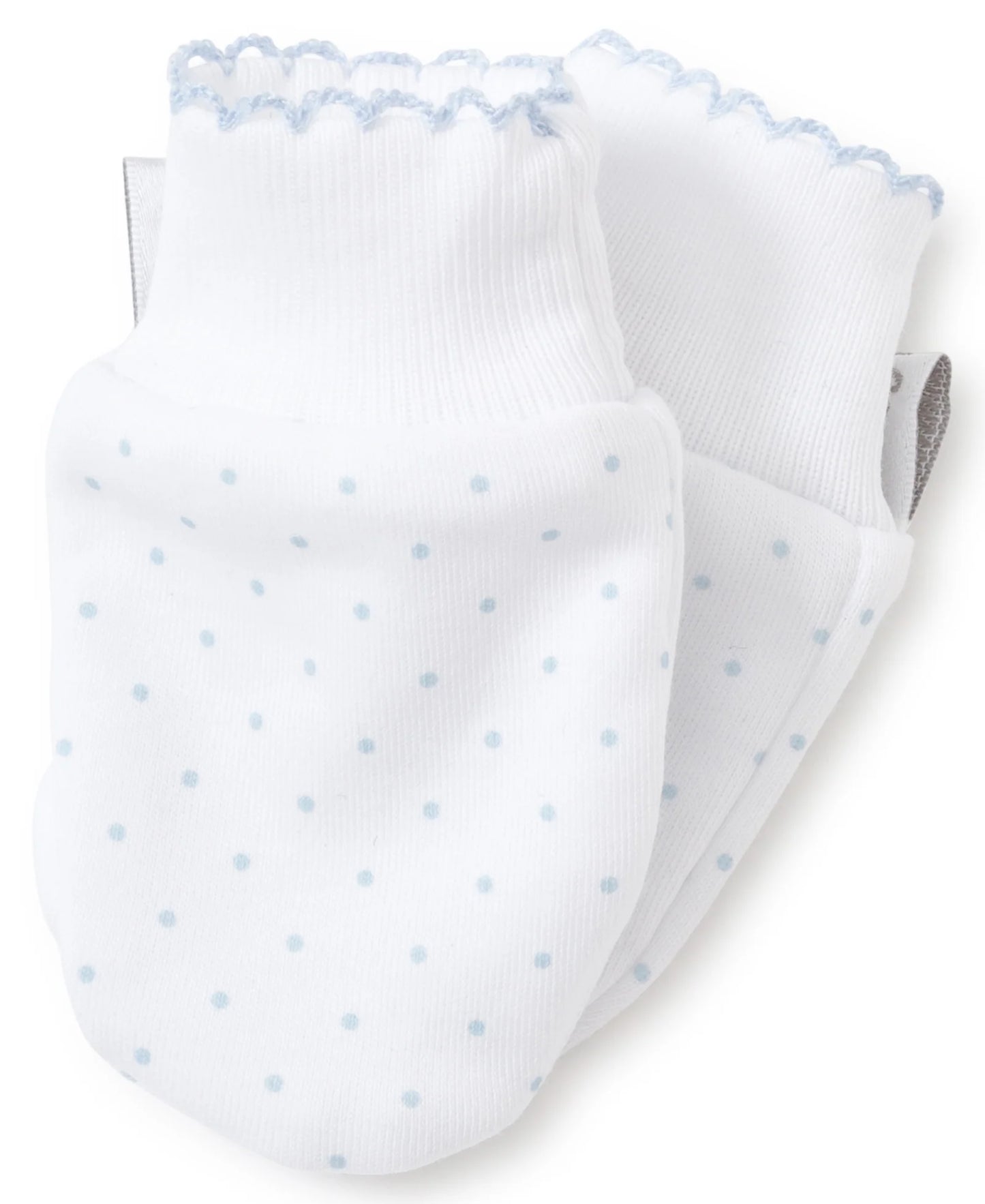 New Kissy Dots Print  Newborn Mittens | White/Blue Dot