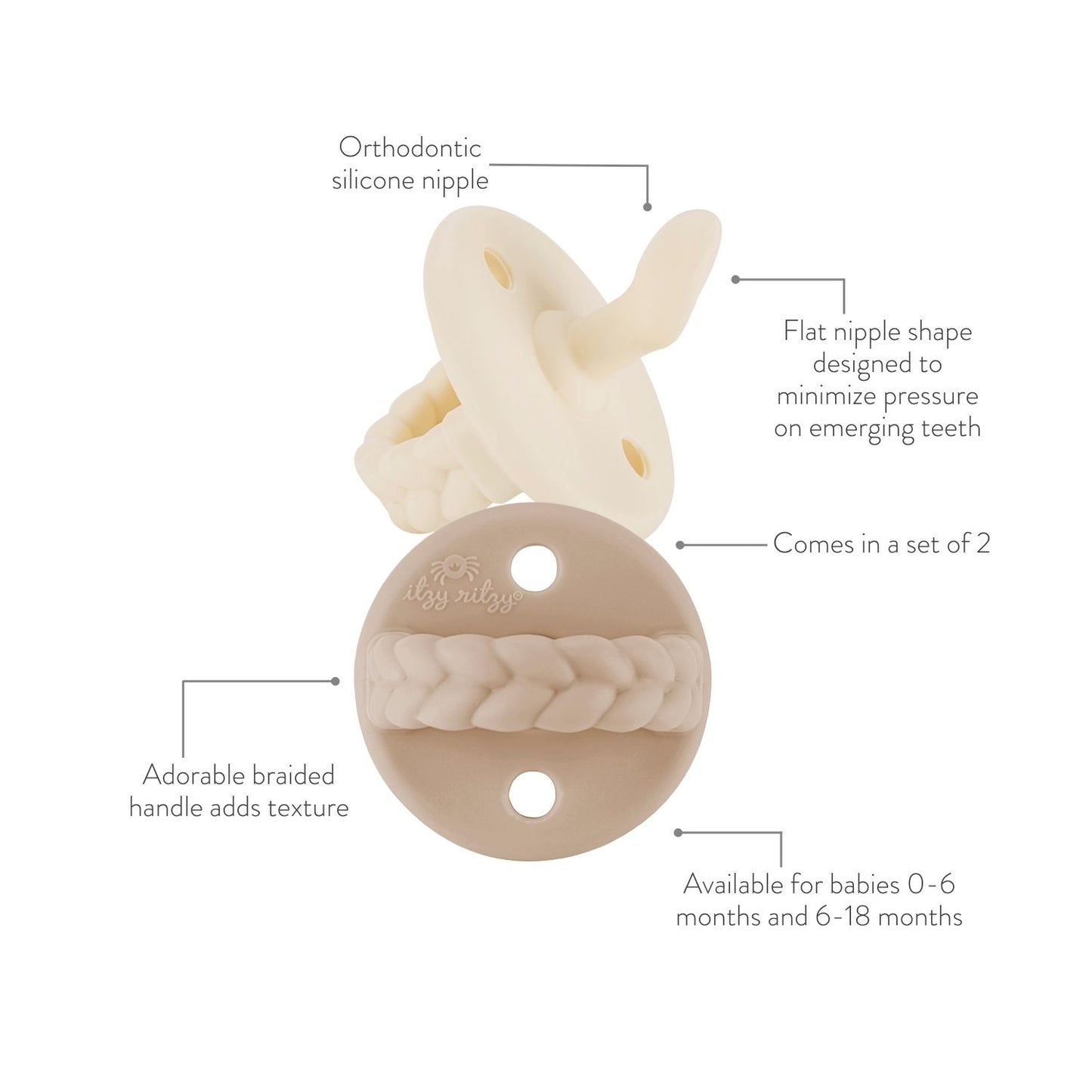 Sweetie Soother  Orthodontic Pacifier Set | Toast & Buttercream - Braids