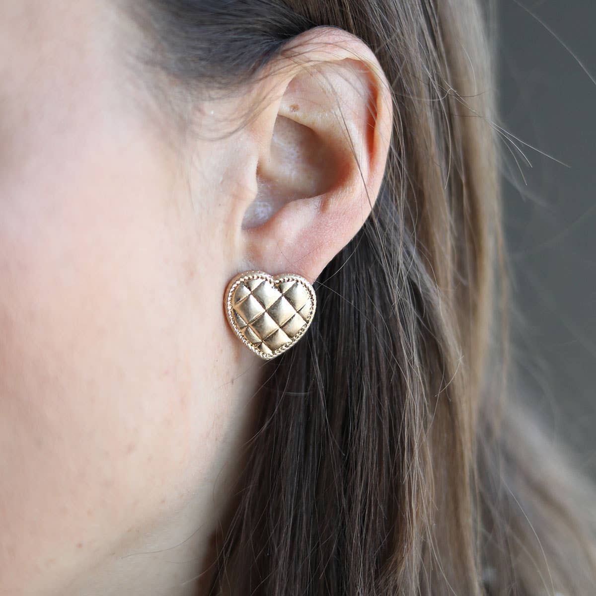 Connell Quilted Metal Heart Stud Earrings | Worn Gold