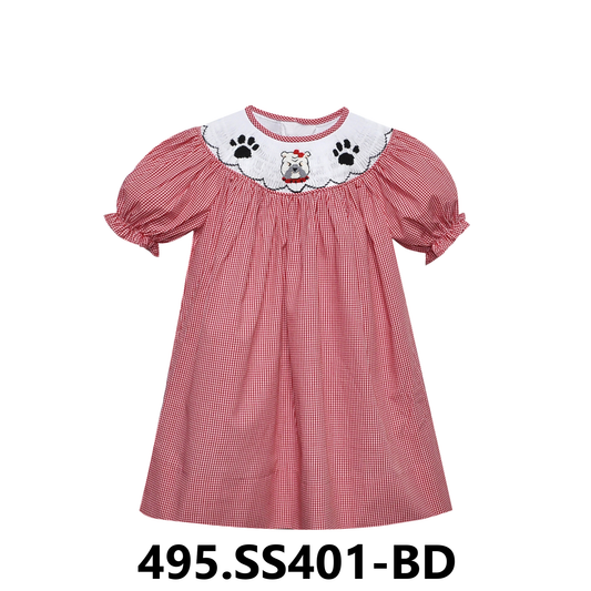 Bulldog Smocked Bishop Dress | Red/Black