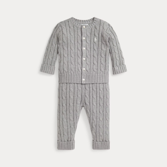 Long Sleeve Cable Knit Cardigan with Matching Pant | Heather Grey