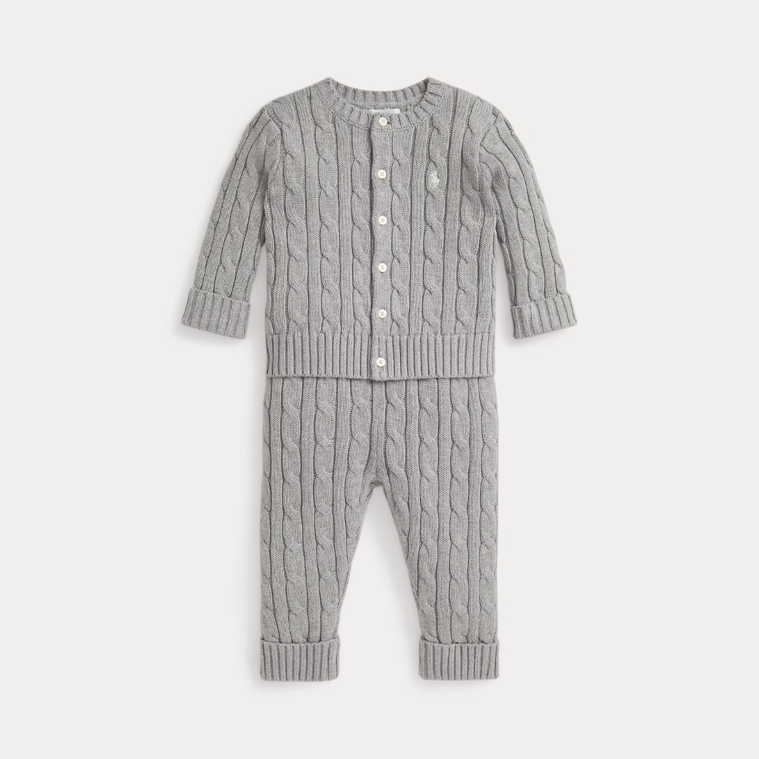 Long Sleeve Cable Knit Cardigan with Matching Pant | Heather Grey