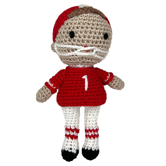 Football Player Bamboo Crochet Rattle | Red & White | 5" Rattle