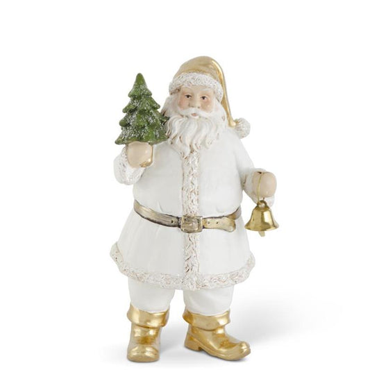 7.5" White & Gold Resin Santa with Tree & Bell