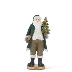 13" Dark Green Velvet Resin Santa with Gold Glittered Christmas Tree