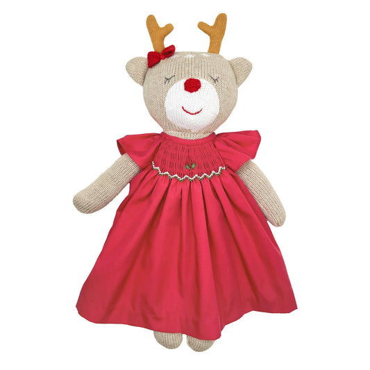 Knit Reindeer Doll with Solid Red Dress | 14"