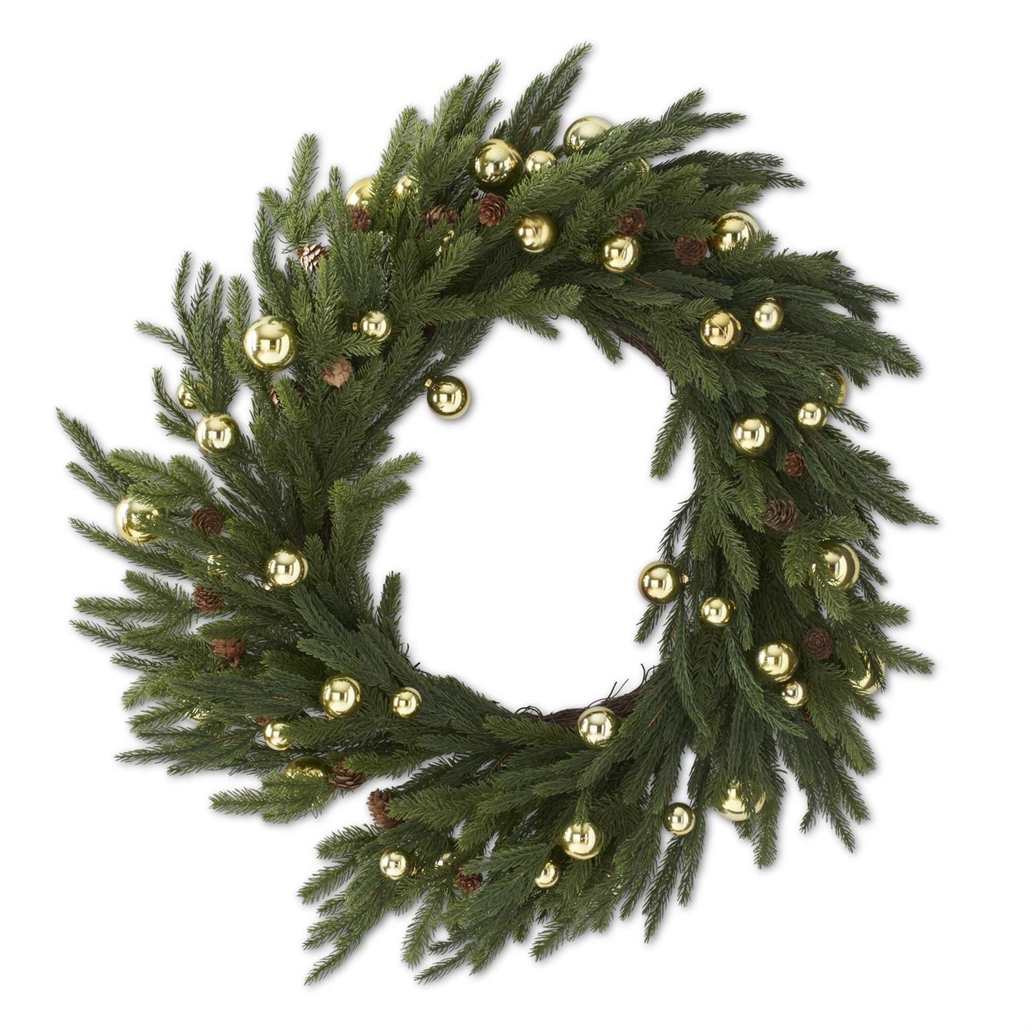 30 Inch Real Touch Pine Wreath w/Gold Ornaments & Mini Pinecones