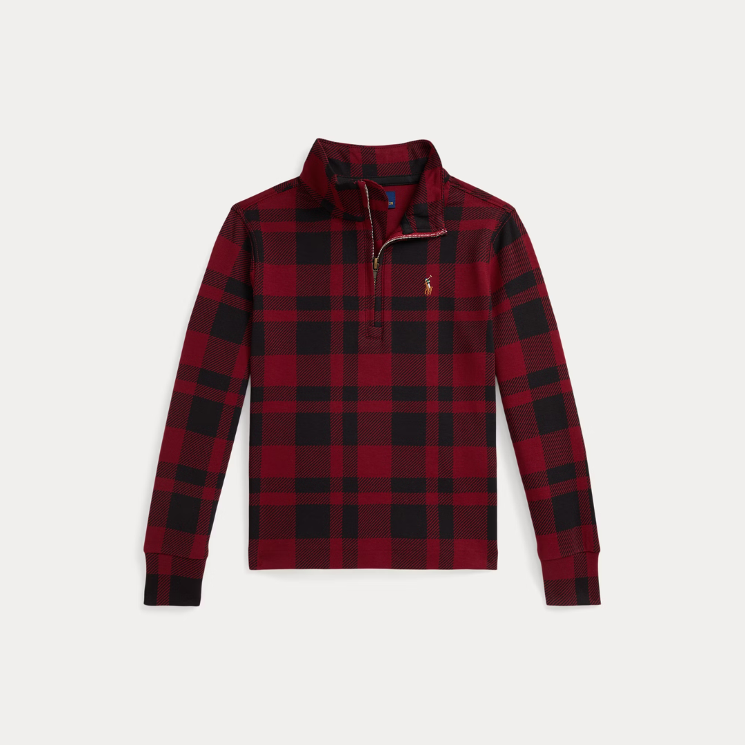 Cotton Interlock Plaid Printed Half Zip Mockneck Pullover | Red