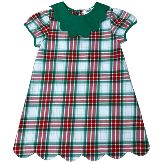 Red/Green Plaid Scalloped Collar Dress