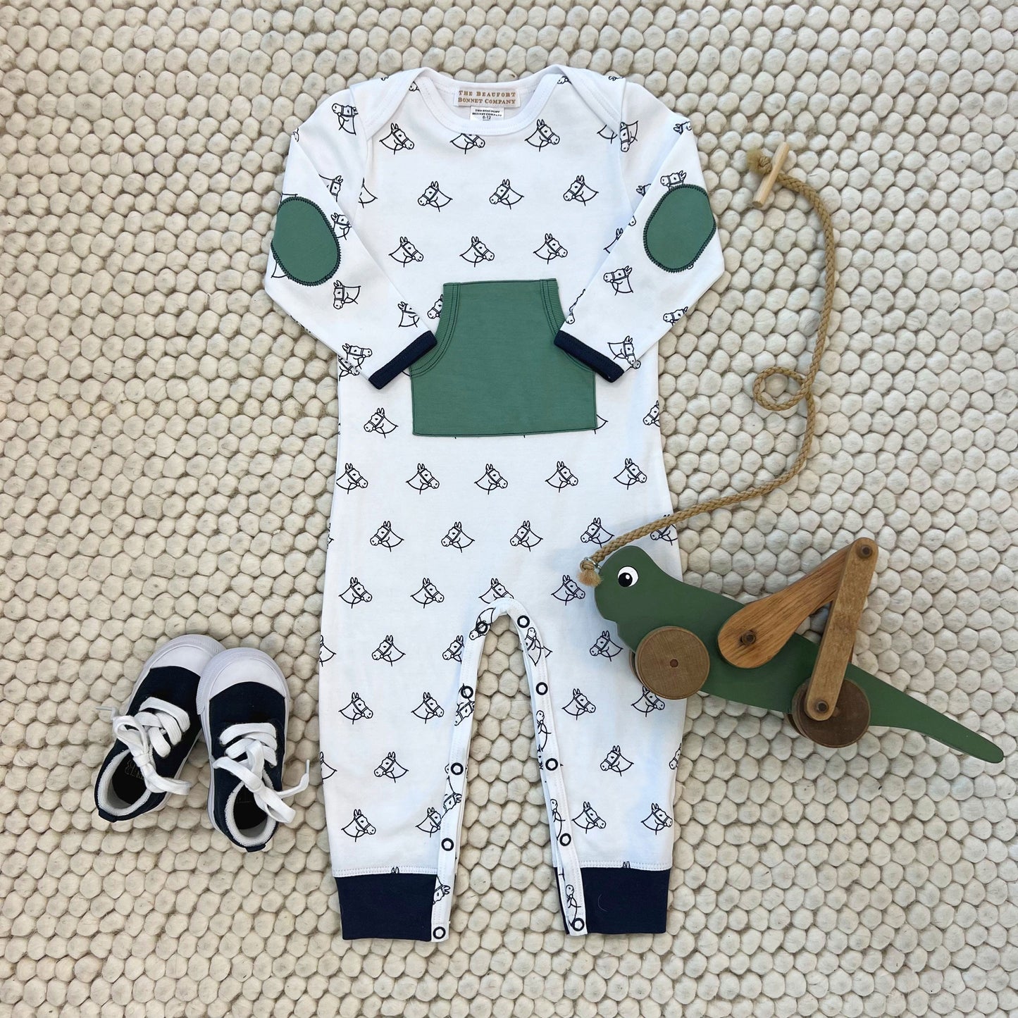 Rowdy Rugby Romper | Pony Portrait With Gallatin Green And Nantucket Navy