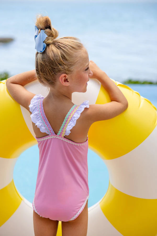 Long Bay Bathing Suit | Hamptons Hot Pink with Worth Avenue White & Multicolor Ric Rac