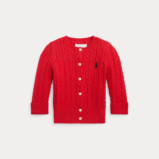 Long Sleeve Cotton Mini Cable Cardigan | Red with Navy