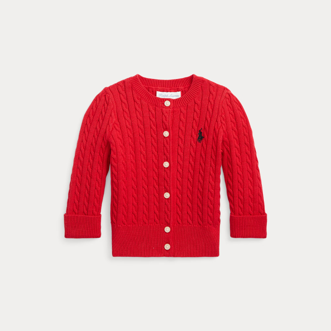 Long Sleeve Cotton Mini Cable Cardigan | Red with Navy