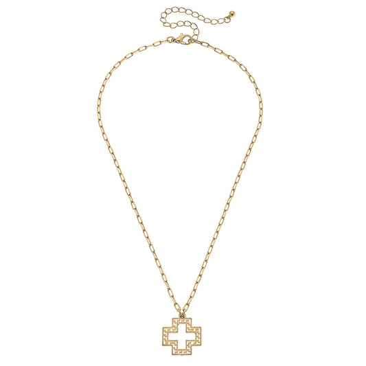 Cameryn Greek Keys Cross Necklace | Worn Gold