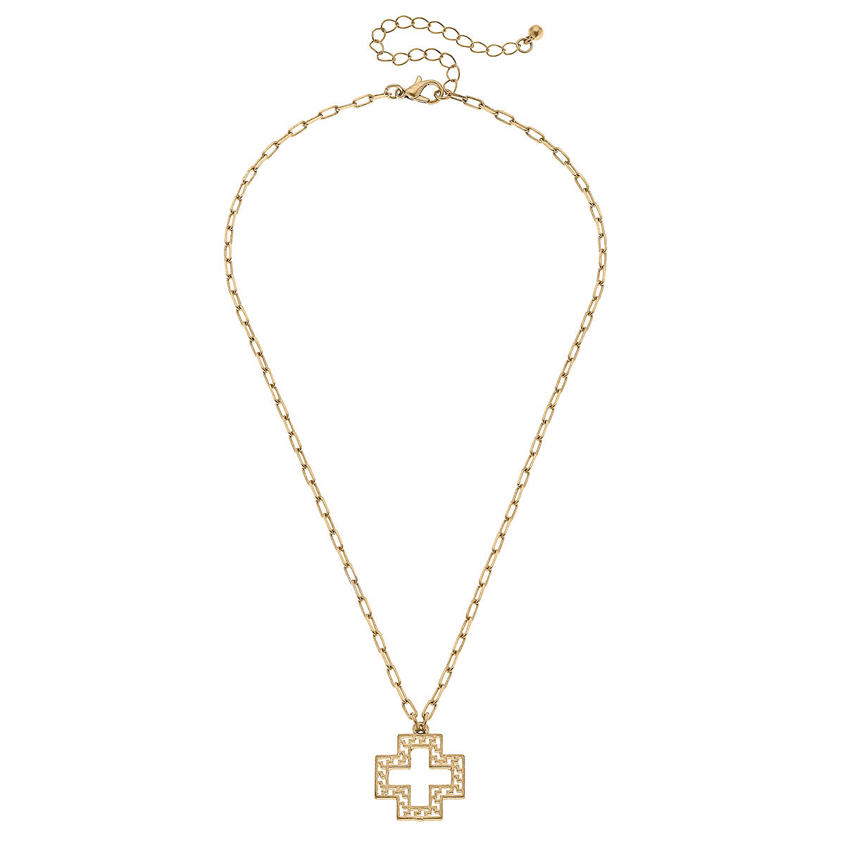 Cameryn Greek Keys Cross Necklace | Worn Gold