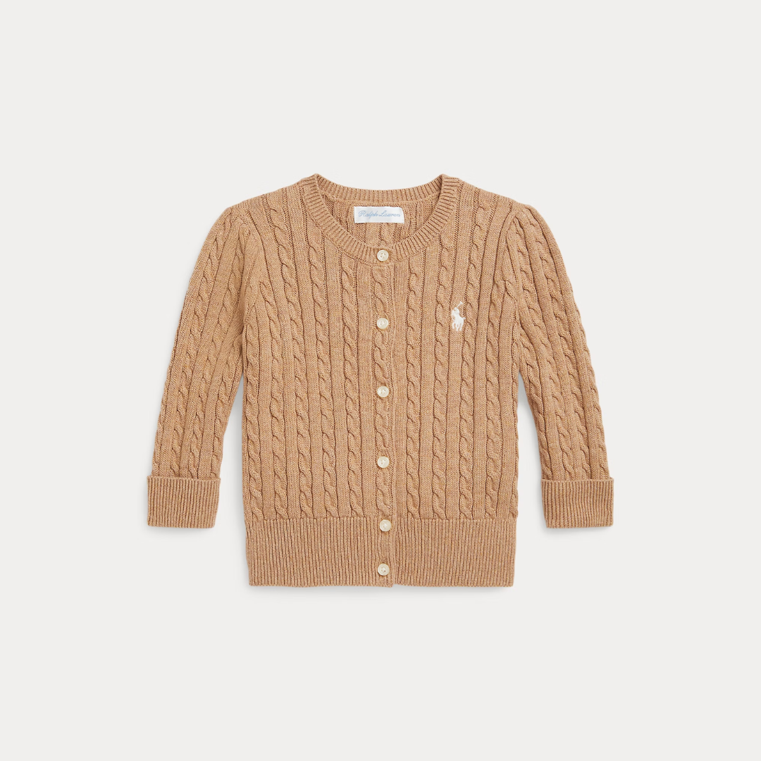 Long Sleeve Cotton Mini Cable Cardigan | Camel