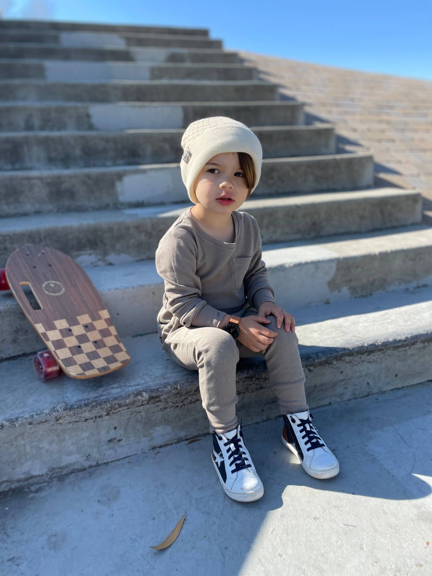 Check Yourself Checkered Reversible Beanie Beige