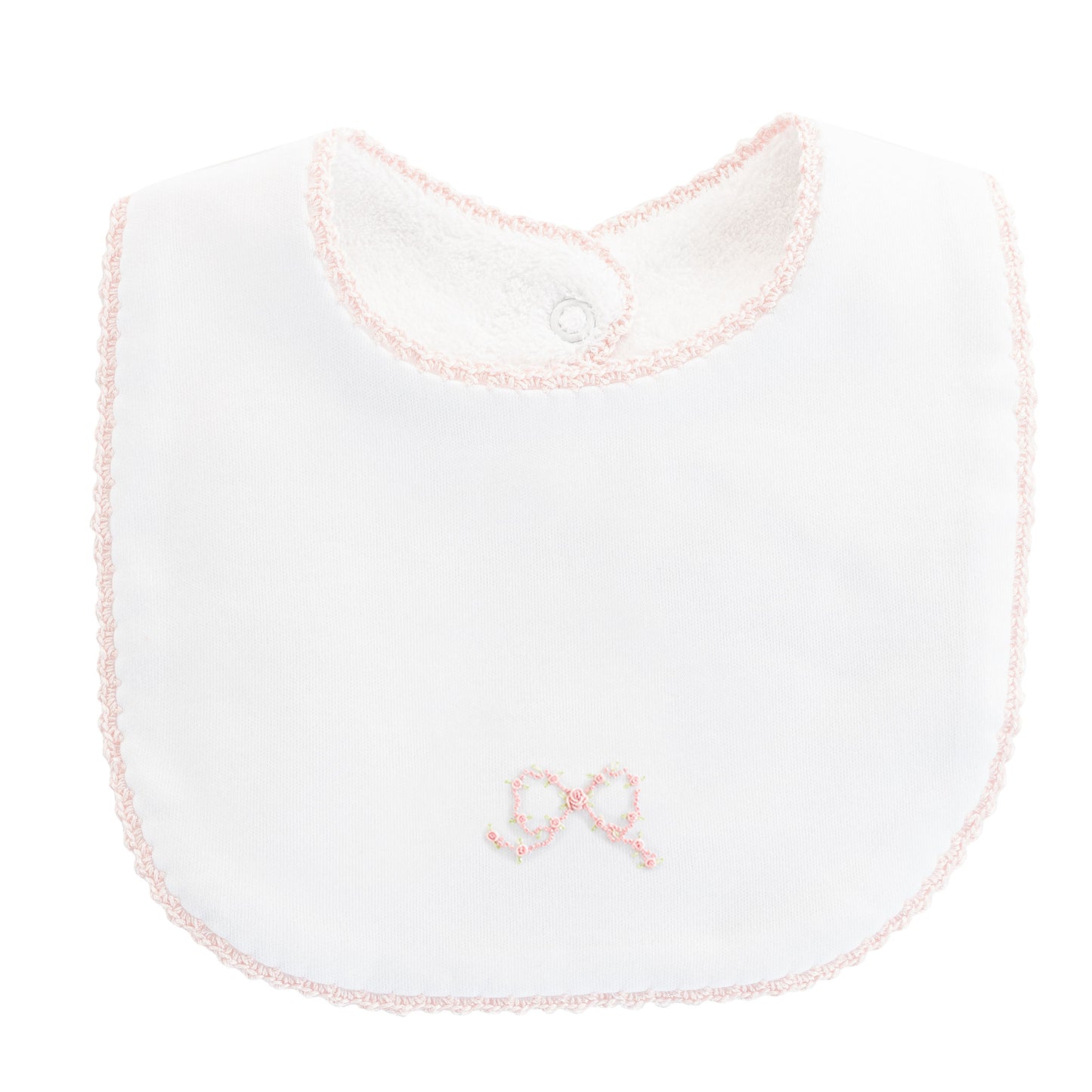 Pretty Bows Embroidered Bib w/Crochet Trim | Pink