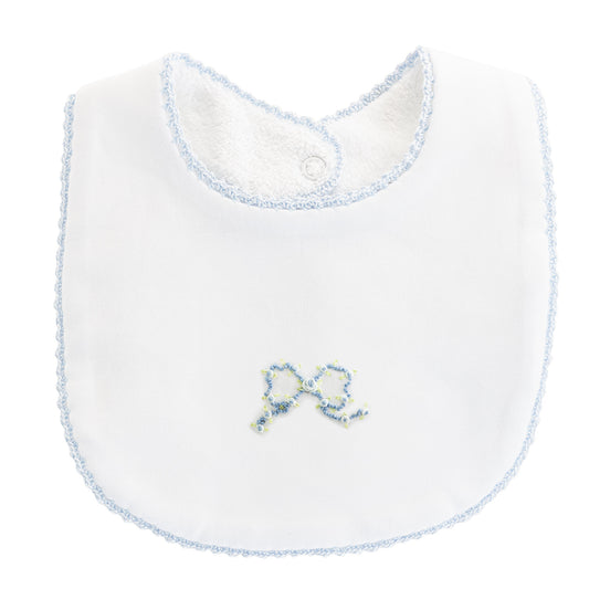 Pretty Bows embroidered Bib w/Crochet Trim | Blue