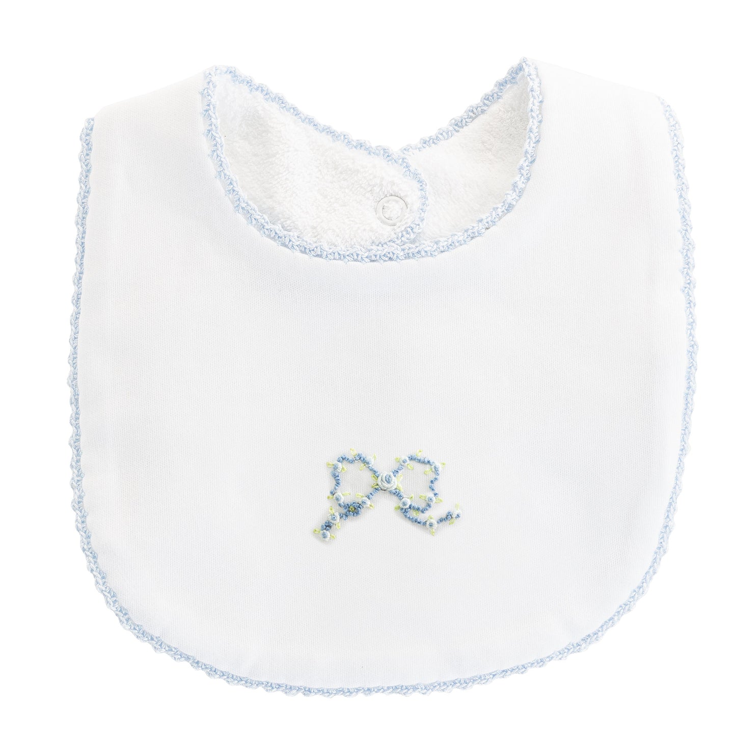 Pretty Bows embroidered Bib w/Crochet Trim | Blue